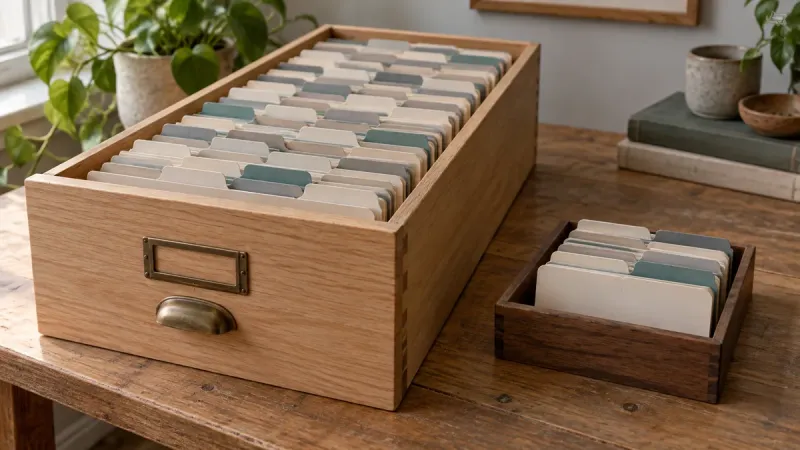 A full wooden archive drawer stands beside a small tray holding a short row of recent records.