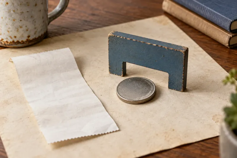 A small silver coin beside a blank receipt and a blue threshold on a paper-covered desk.