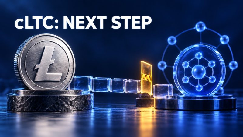 Silver Litecoin coin on a reserve pedestal beside a separate blue network token, an incomplete glass bridge and an amber checkpoint, beneath cLTC: NEXT STEP.