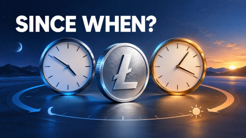 A silver Litecoin coin between blue and amber clocks beneath the words Since When?