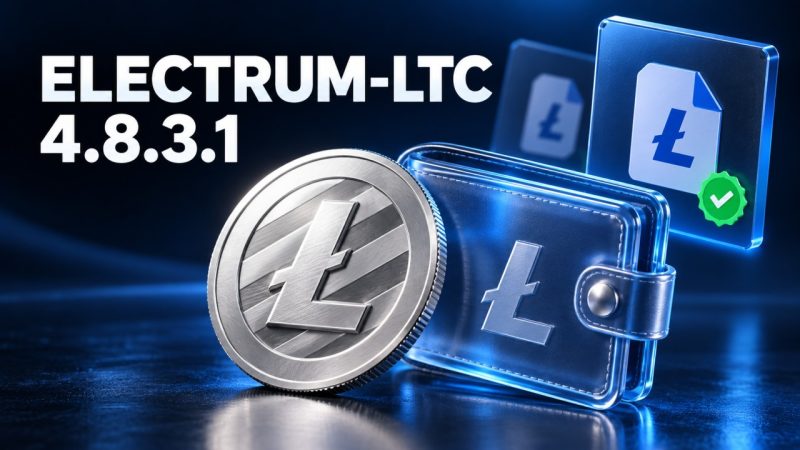 Silver Litecoin coin beside a blue glass wallet and software package cards, beneath Electrum-LTC 4.8.3.1.