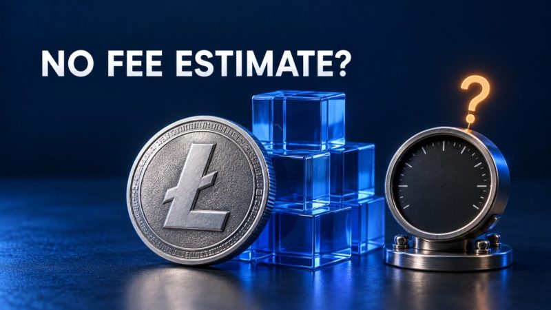 A silver Litecoin coin, transparent blue blocks and a gauge without a reading beneath No Fee Estimate?