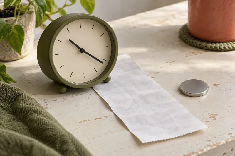 An unnumbered olive desk clock beside blank receipt paper and a plain silver disk in daylight.