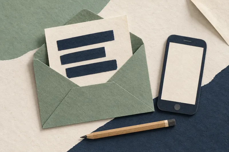 Paper envelope with a sheet covered by opaque strips, beside a blank phone and a pencil.
