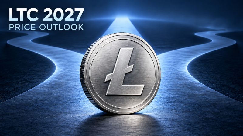 Silver Litecoin coin with three diverging blue paths and the title LTC 2027, Price Outlook.