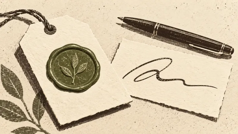 A relief-print illustration pairs an embossed tag with a pen and an abstract ink flourish.