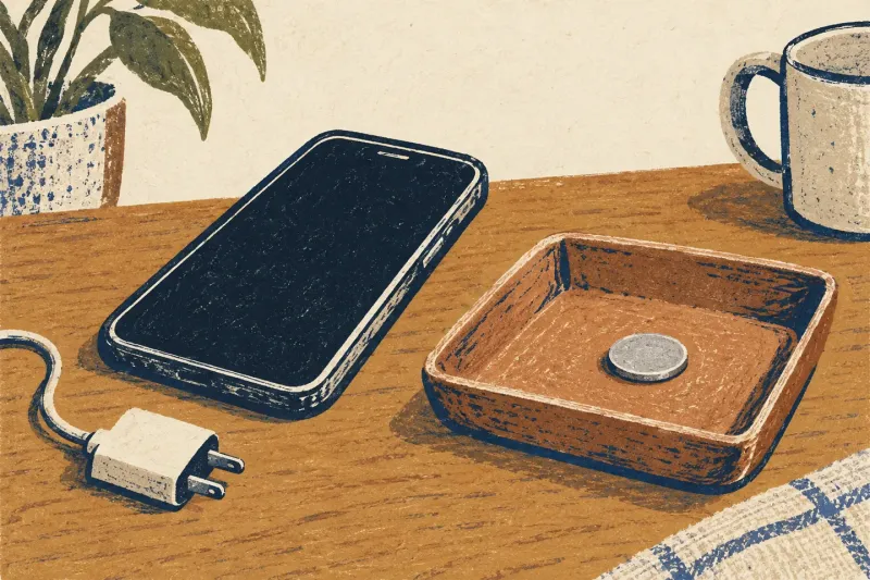 Hand-printed illustration of a dark phone and unplugged charger beside a tray holding a plain silver disk.
