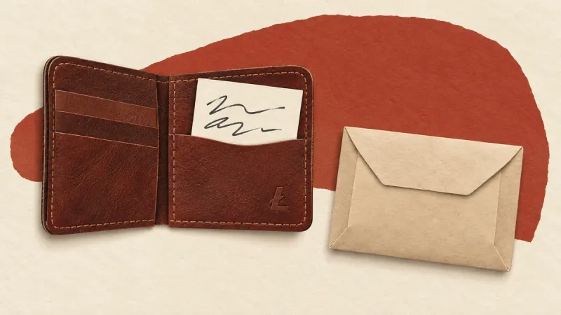 A paper collage places a scribbled note inside a wallet beside a separate sealed packet.