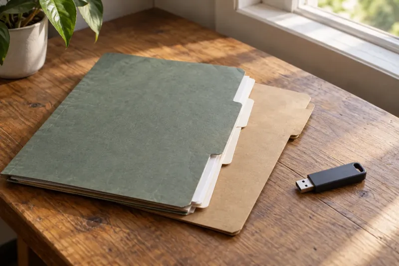 Two unprinted folders with blank tabbed papers and a small unbranded USB storage drive on a wooden desk.