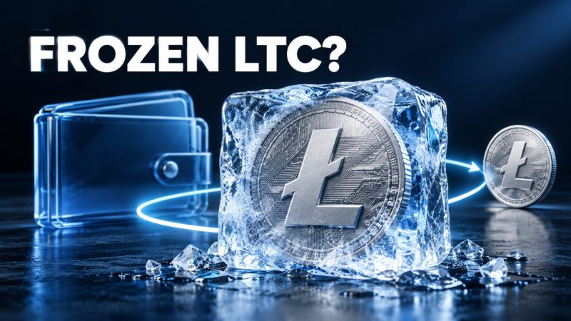 Silver Litecoin coin in a translucent ice block beside a blue glass wallet and a separate spending path, beneath Frozen LTC?