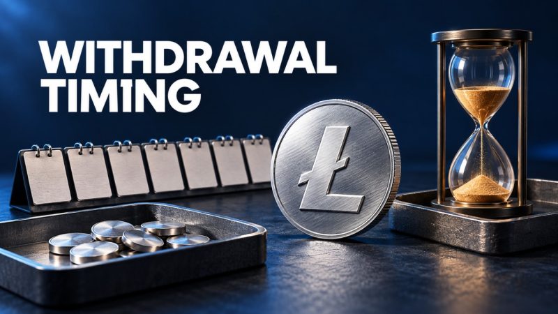 A silver Litecoin coin beside blank weekly calendar tabs, silver discs in a tray and an hourglass, under Withdrawal Timing.